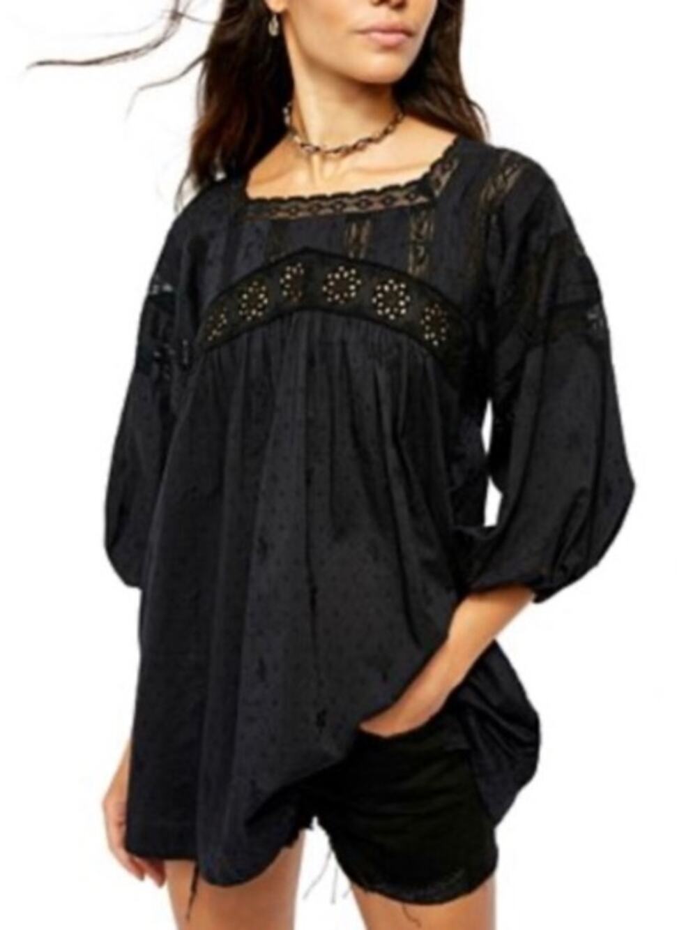 052 NWT Free People Azalea Lace Tunic Top | Black | Size XS (oversized)